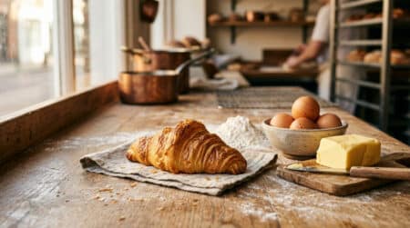 Croissant doré et ses ingrédients bruts sur un comptoir