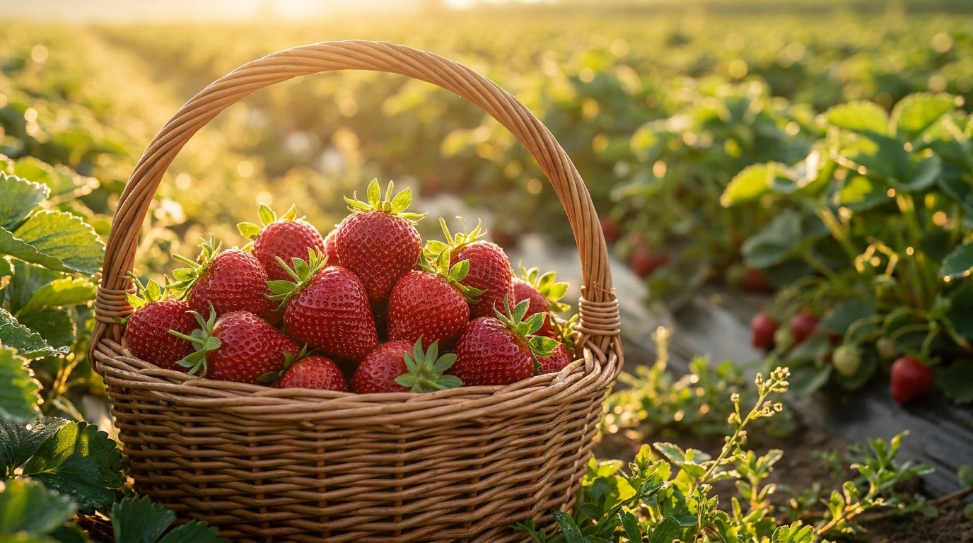 Panier de fraises fraîchement cueillies dans un champ ensoleillé