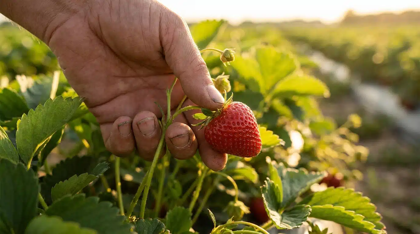 Main cueillant délicatement une fraise mûre sur un plant