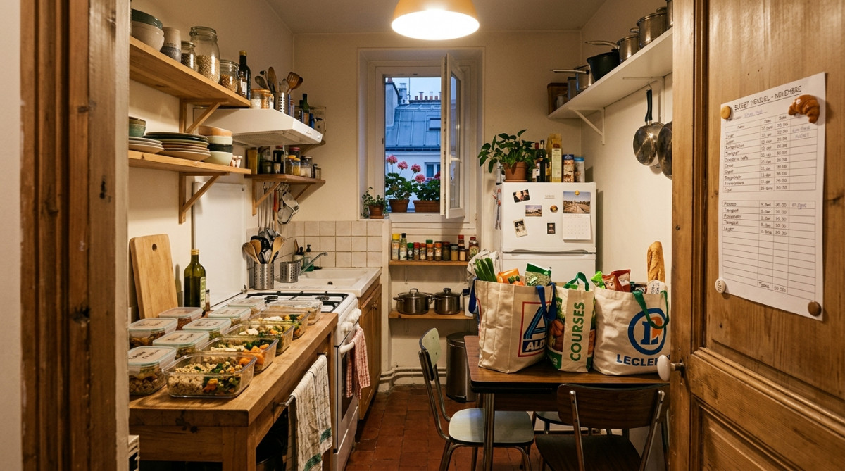 Cuisine d'appartement avec courses et préparation de repas