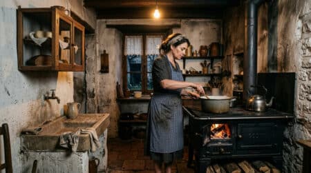 Cuisine française des années 1940 avec fourneau en fonte