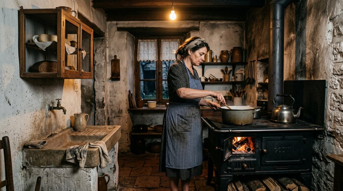 Cuisine française des années 1940 avec fourneau en fonte