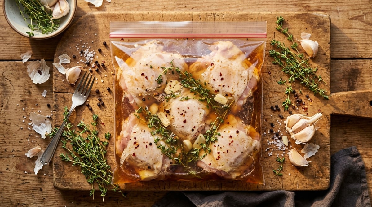 Cuisses de poulet marinant dans de la bière ambrée