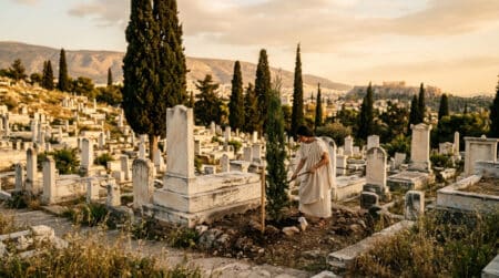 Cyprès plantés dans un cimetière grec antique