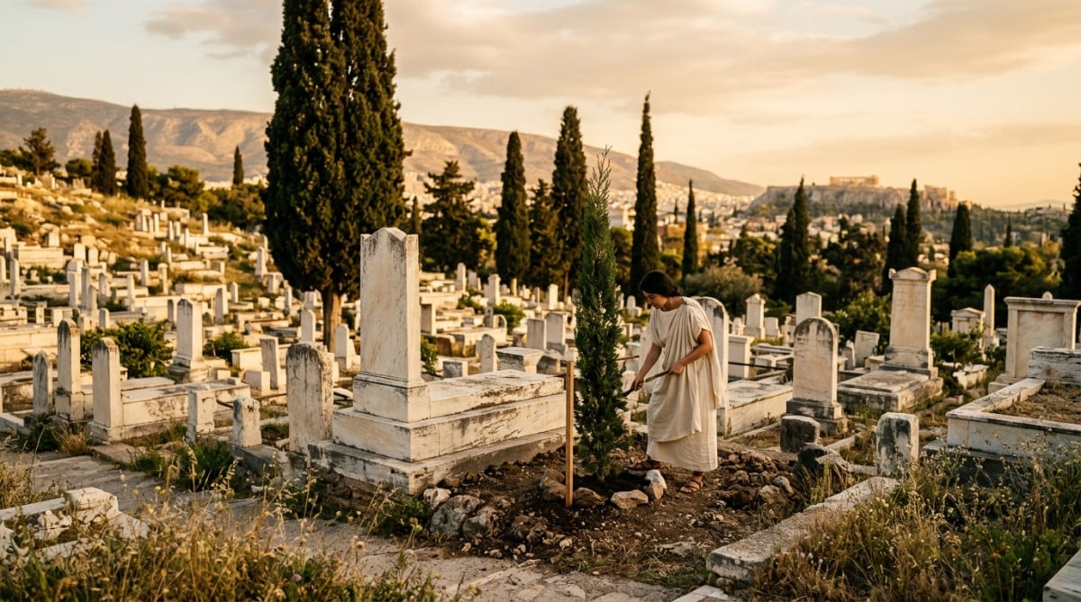 Cyprès plantés dans un cimetière grec antique