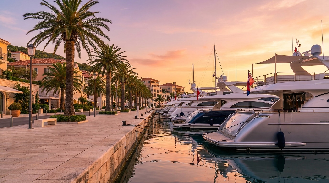 Promenade du bord de mer sur la Côte d'Azur au coucher du soleil avec yachts de luxe