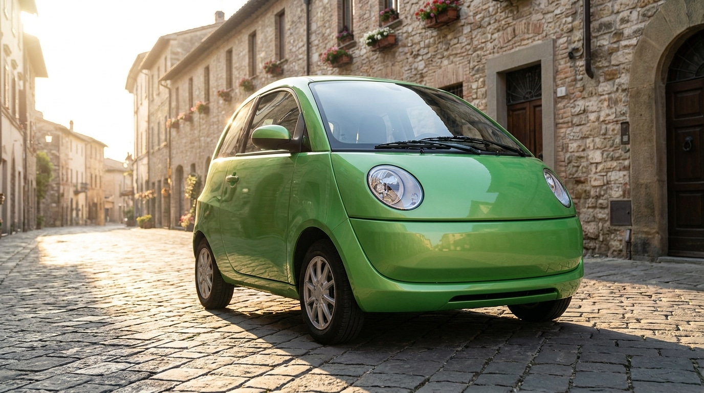 Citadine électrique compacte garée sur une rue pavée européenne