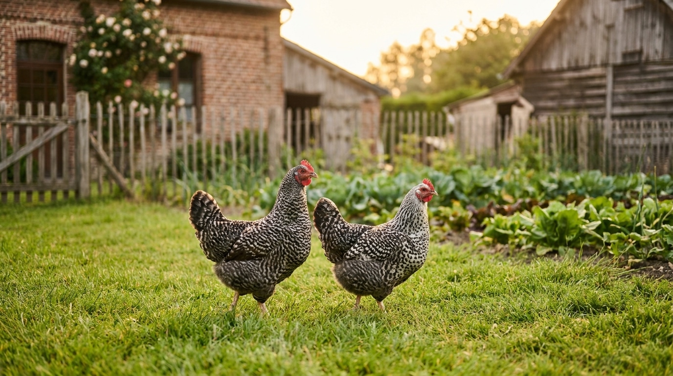 Deux poules régionales dans un jardin du Nord