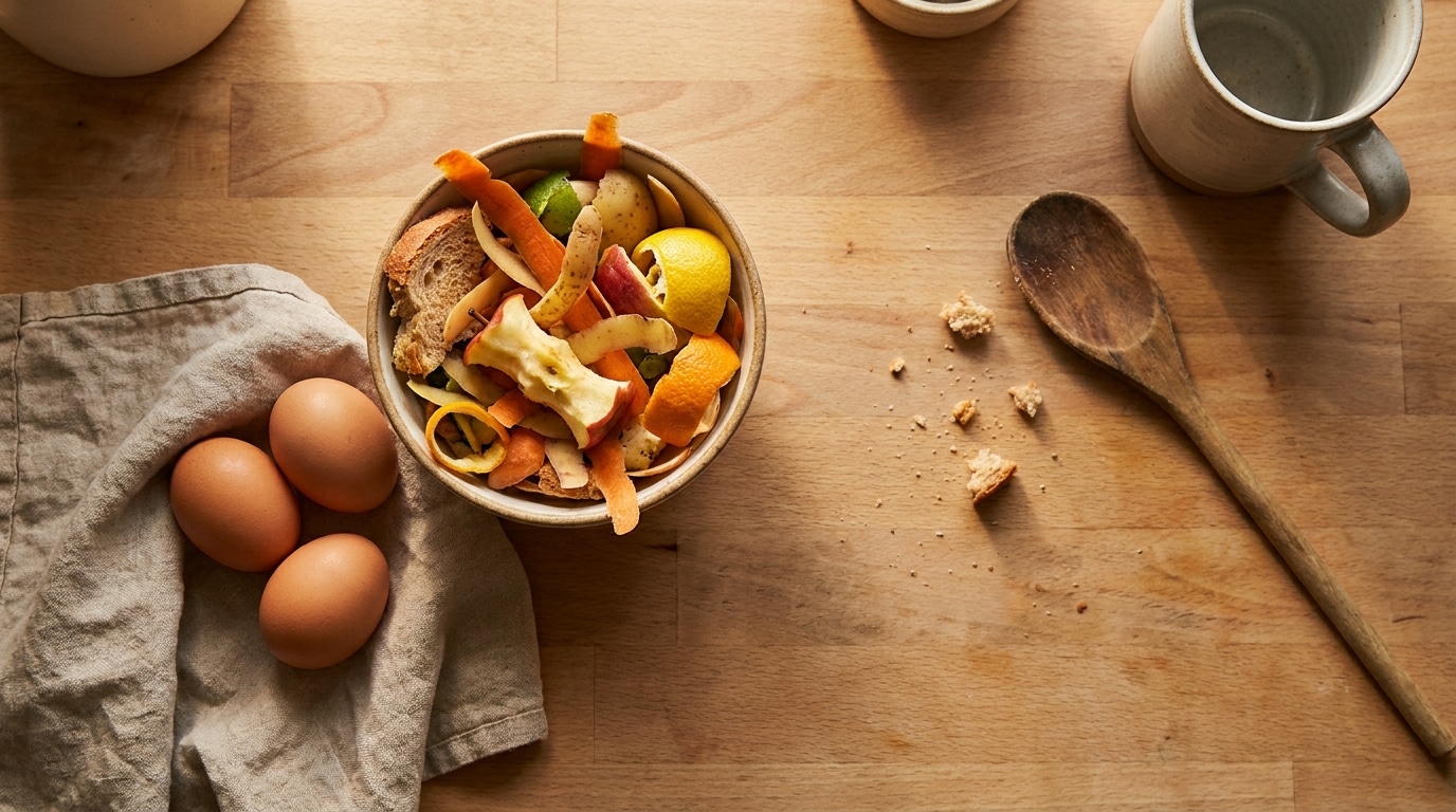 Épluchures de légumes et œufs frais sur un plan de travail