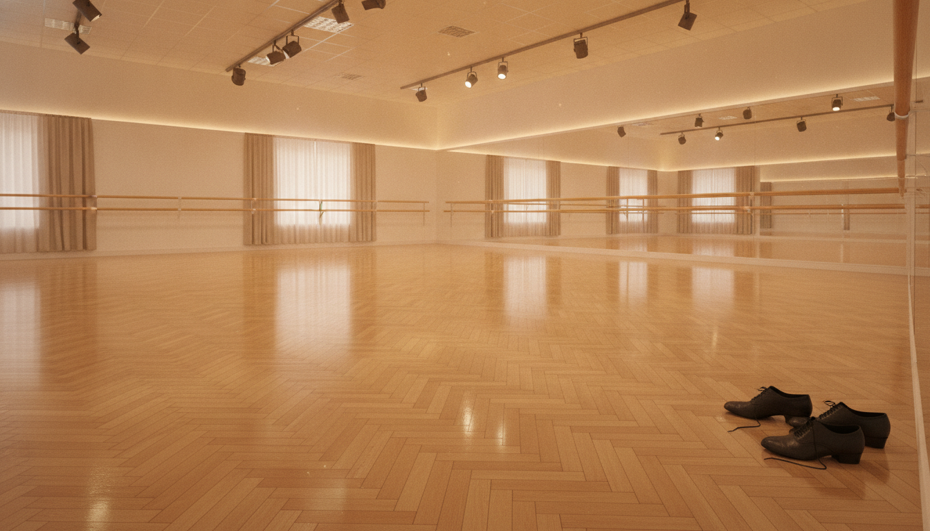 Studio de danse vide avec chaussures abandonnées sur le parquet, évoquant les répétitions intenses de Danse avec les stars