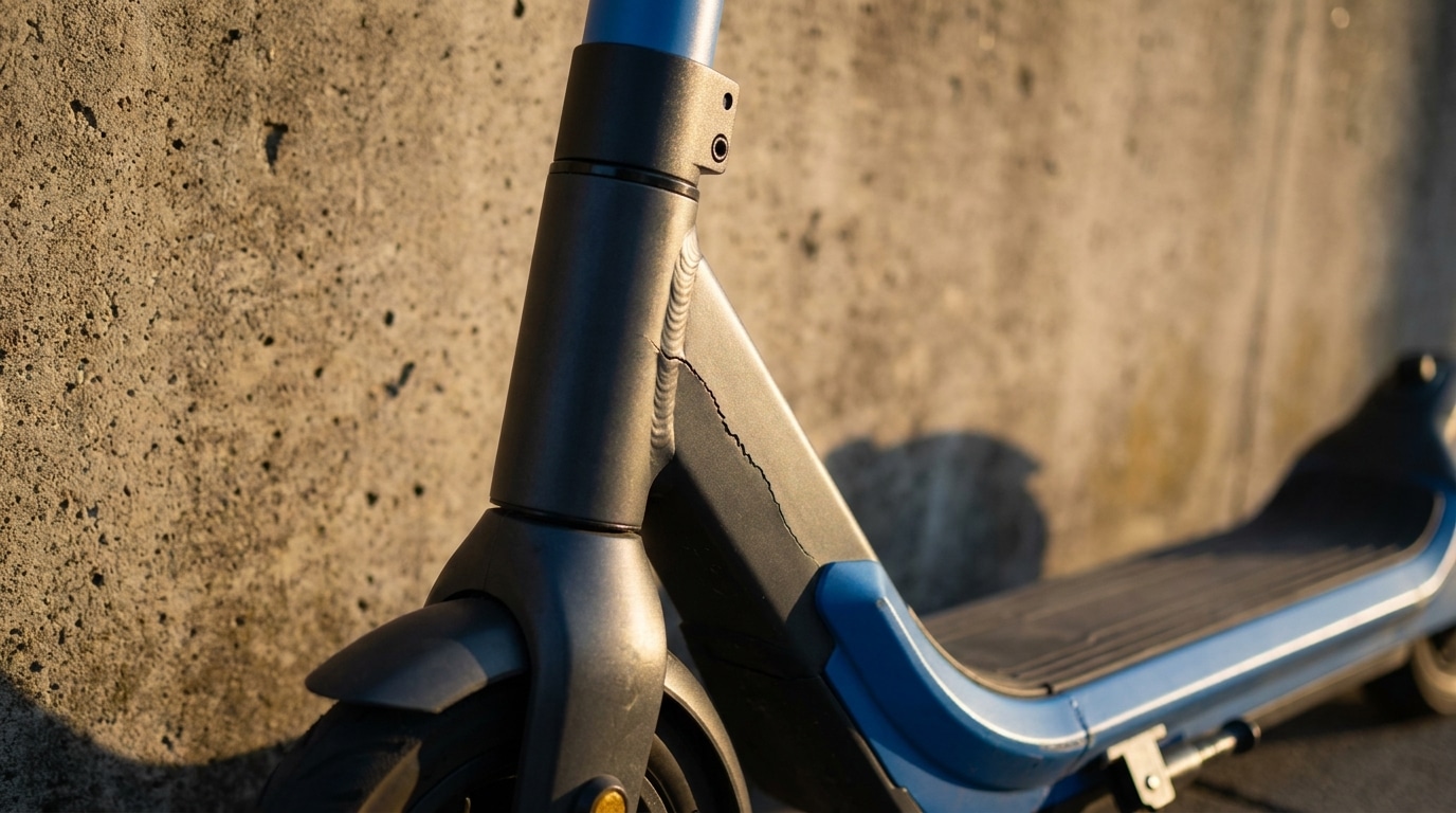 Gros plan sur la jonction potence-cadre d'une trottinette électrique