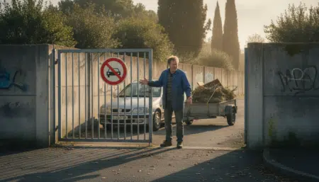 Homme devant une déchèterie fermée avec sa remorque