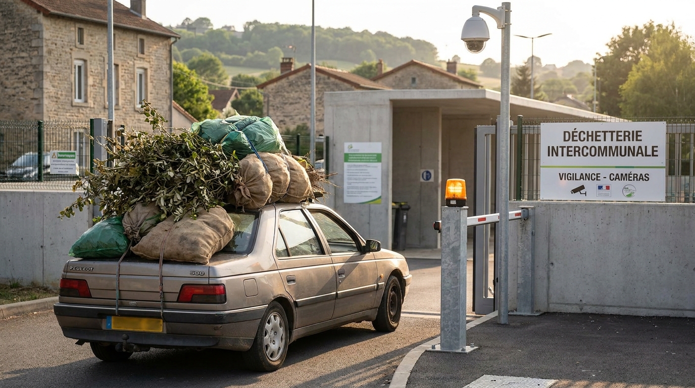Voiture chargée de déchets verts devant une barrière automatique