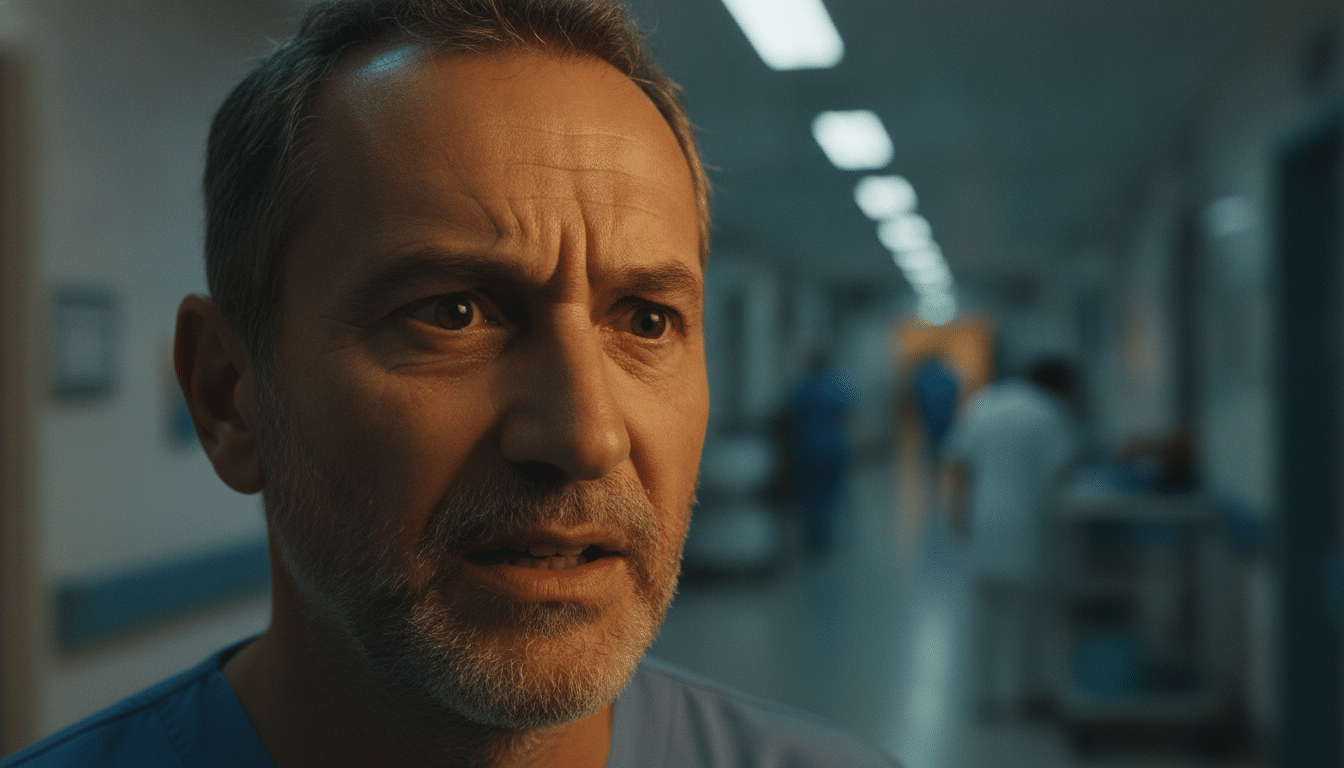 Homme de 49 ans au visage frustré devant un hôpital