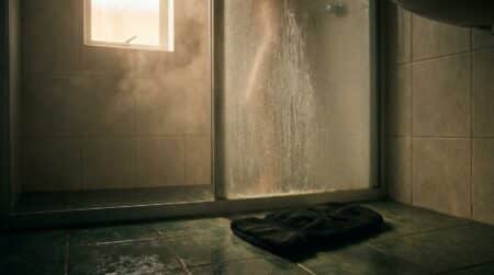Salle de bain vide avec cagoule noire posée au sol