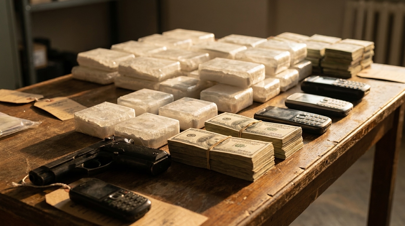 Saisie de paquets de drogue et d'argent liquide sur une table