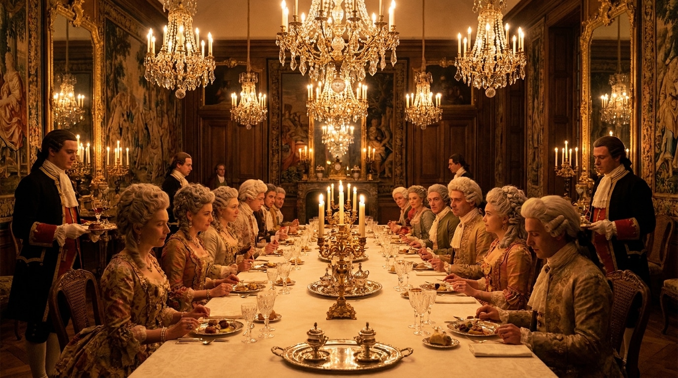Banquet aristocratique à Versailles au XVIIe siècle