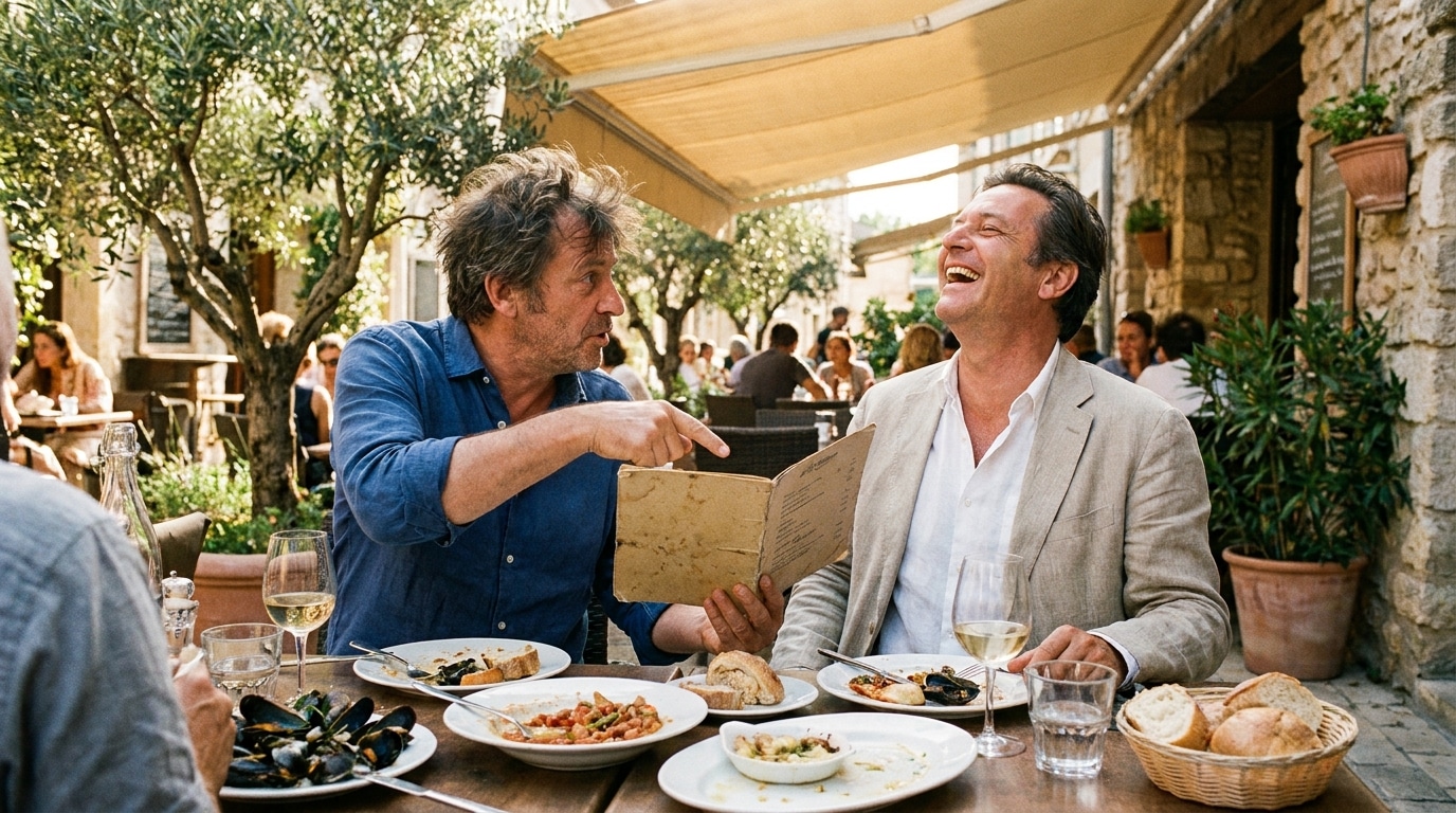 Amis débattant au café en terrasse dans le Sud