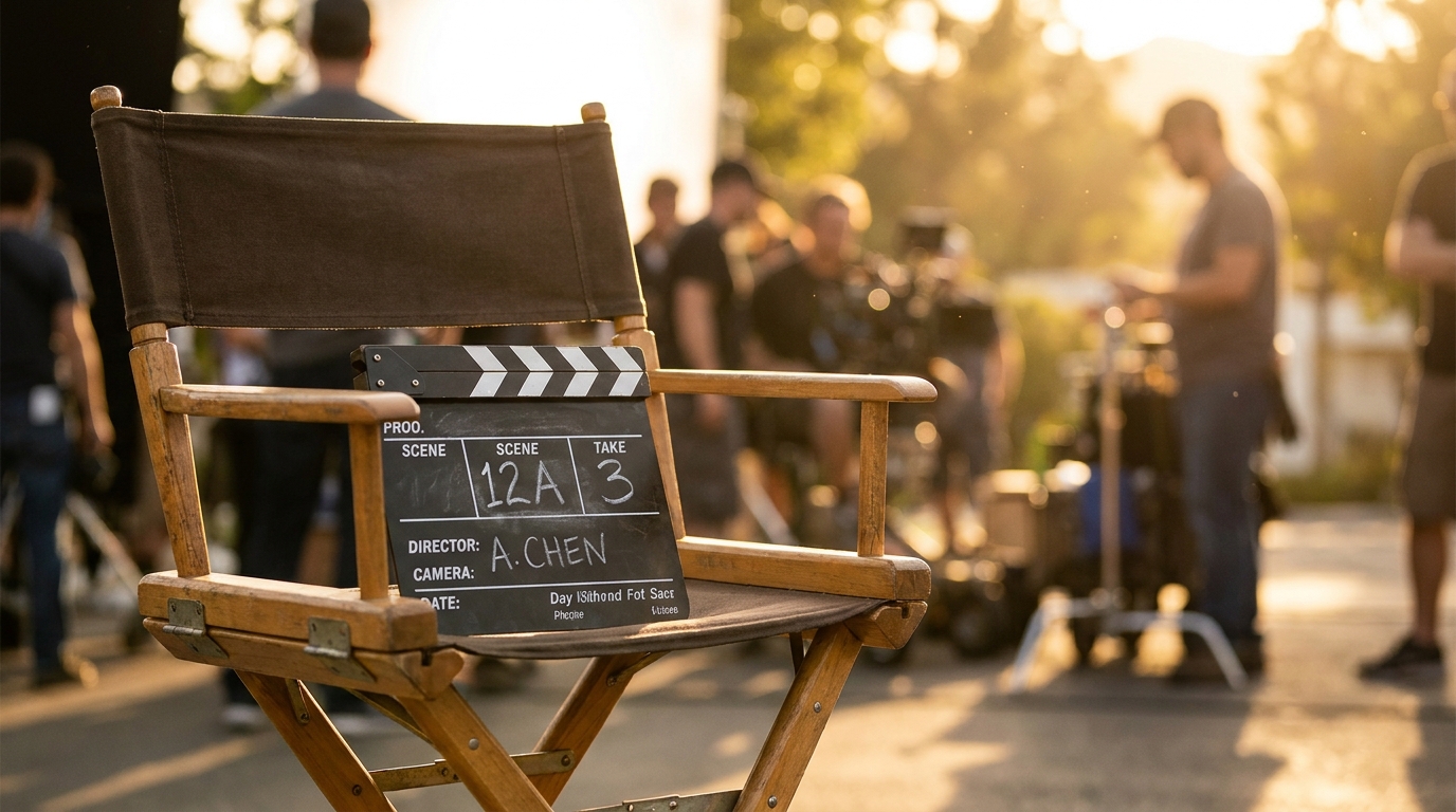 Clap de tournage posé sur une chaise de réalisateur en extérieur ensoleillé