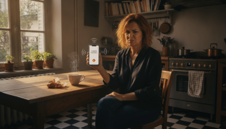 Femme agacée par un appel de démarchage téléphonique