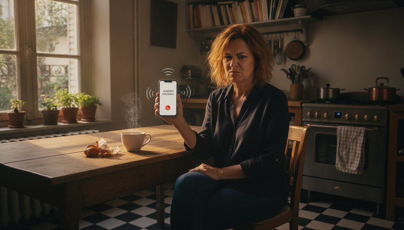 Femme agacée par un appel de démarchage téléphonique
