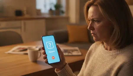 Femme agacée regardant un appel inconnu sur son téléphone