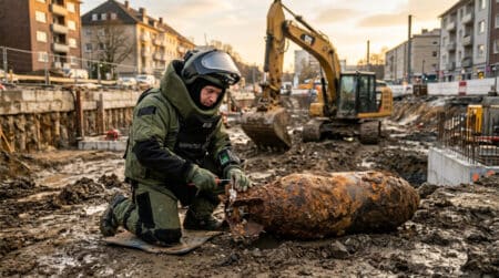 Démineur allemand examinant une bombe de la Seconde Guerre mondiale