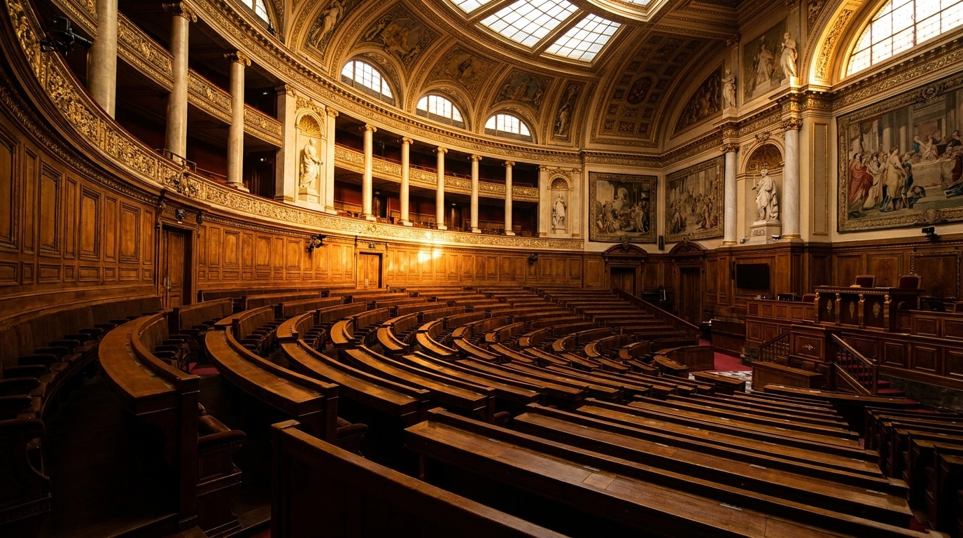 Hémicycle de l'Assemblée nationale vide, architecture dorée