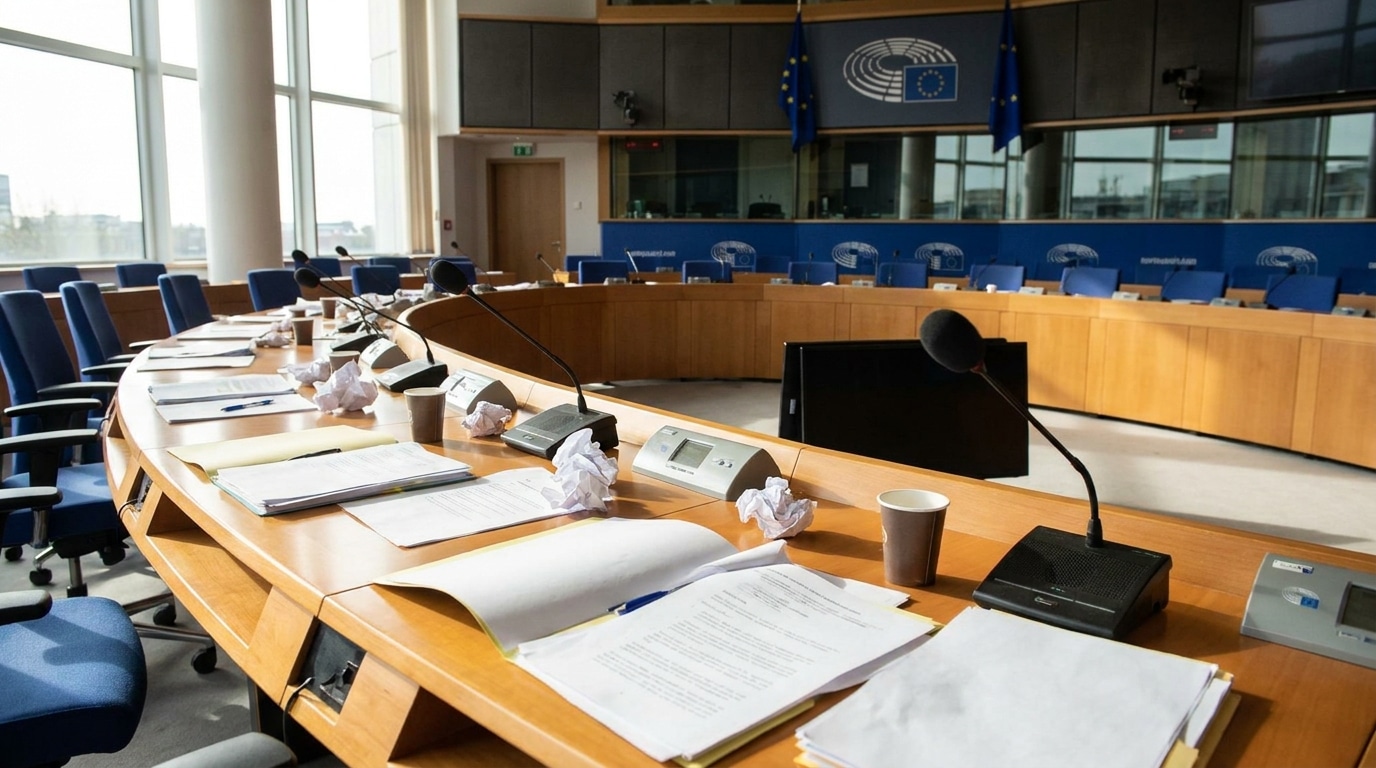 Table de conférence avec microphones et documents éparpillés, cadre institutionnel européen
