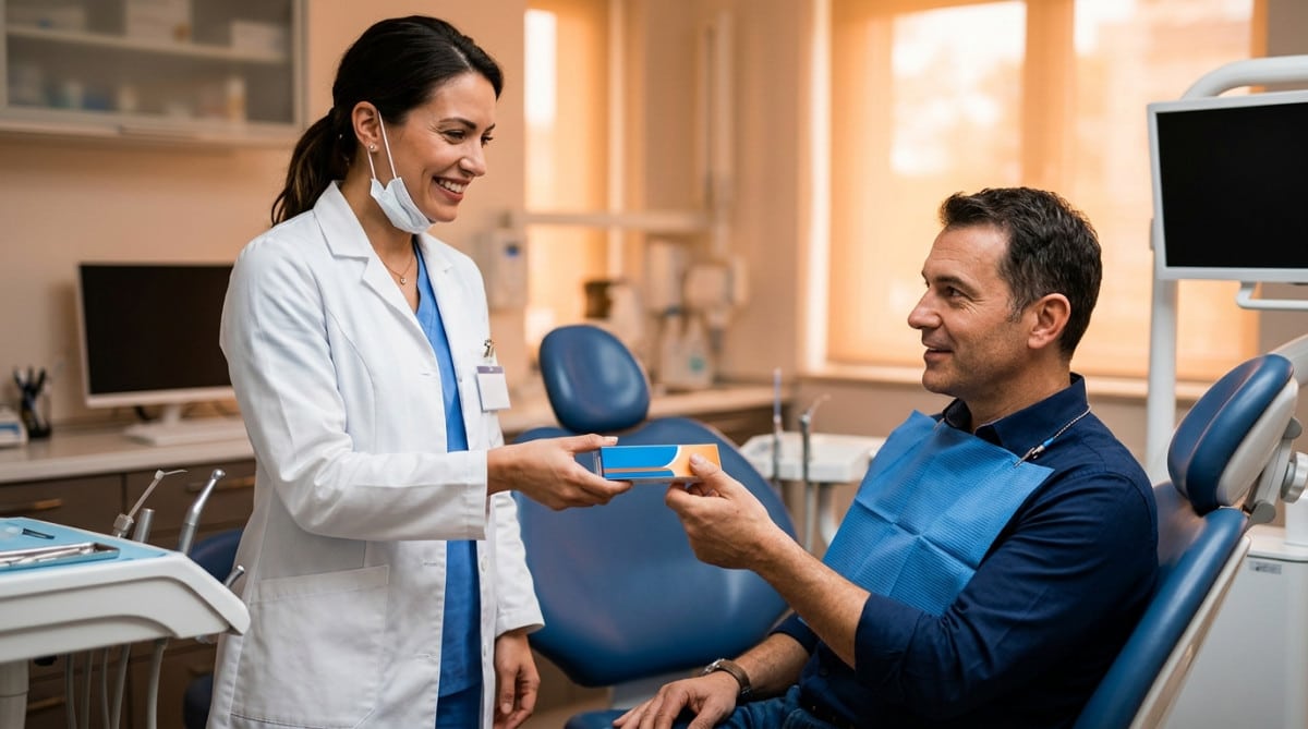 Dentiste remettant un échantillon de dentifrice à un patient
