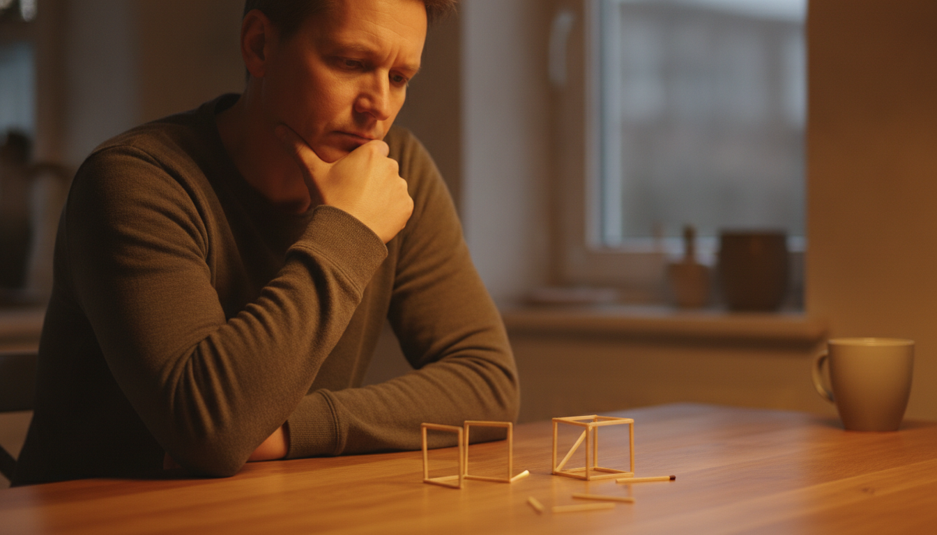 Personne perplexe devant un puzzle d'allumettes