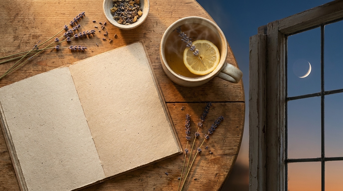 Journal ouvert sur une table en bois avec tisane et lavande