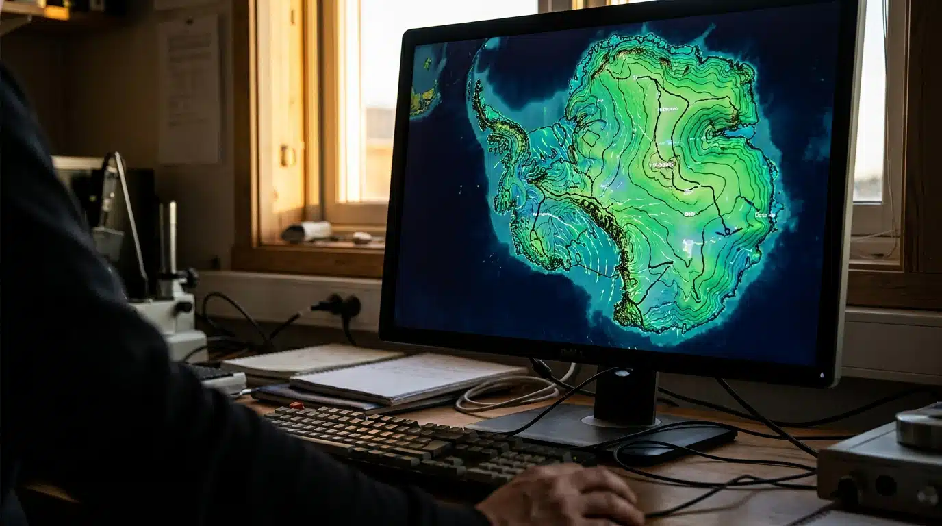 Écran d'ordinateur affichant une carte topographique de l'Antarctique