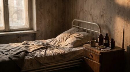 Lit défait dans un appartement négligé et sombre