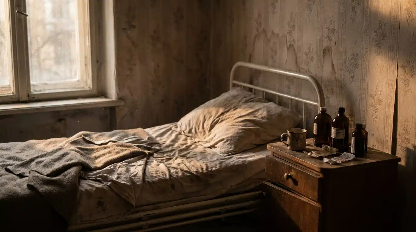 Lit défait dans un appartement négligé et sombre