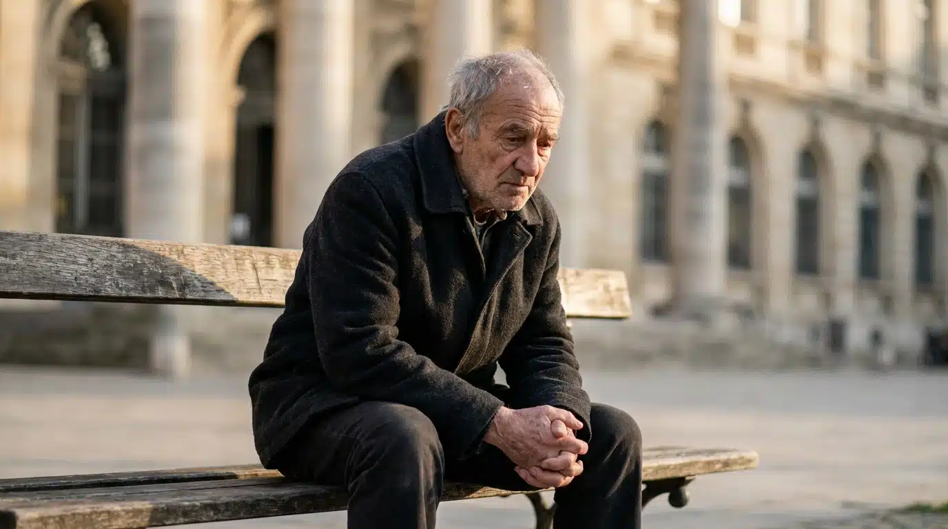 Homme âgé assis seul devant un tribunal
