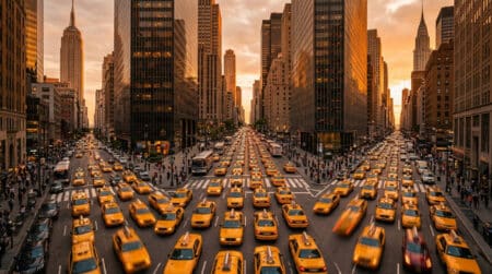 Des dizaines de taxis jaunes dans une avenue de New York