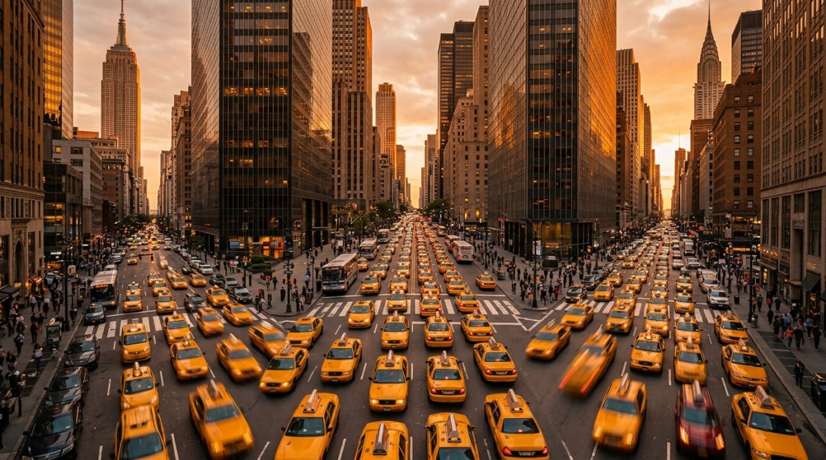 Des dizaines de taxis jaunes dans une avenue de New York