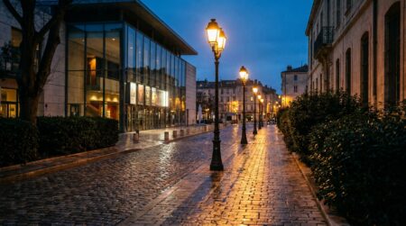 Rue sombre la nuit près d'un théâtre dans une ville du sud