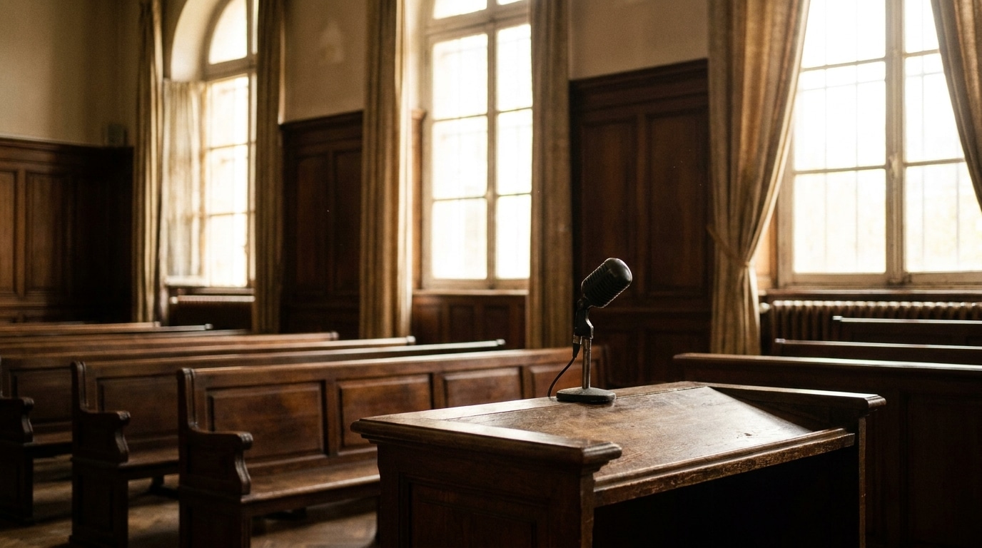 Micro d'un box de témoins dans un tribunal français
