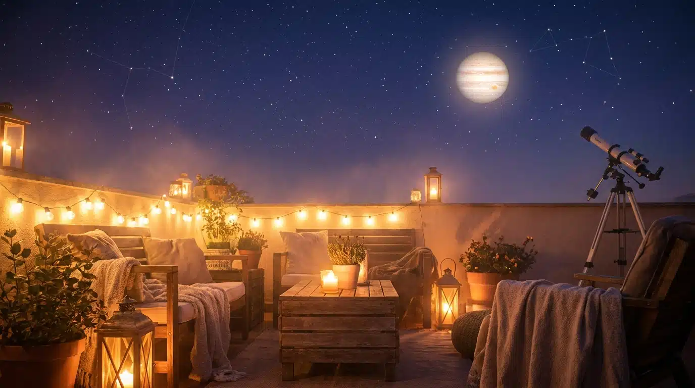 Ciel étoilé avec Jupiter brillant au-dessus d'une terrasse
