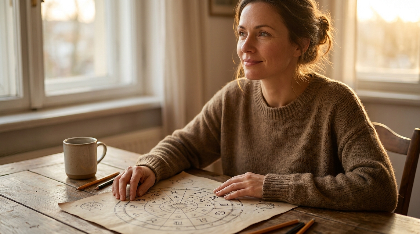Femme contemplant une carte astrologique avec émerveillement