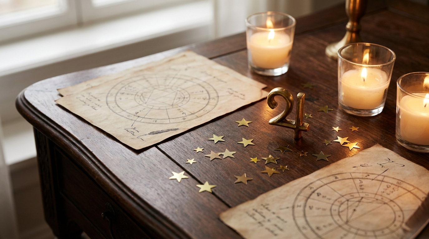 Table avec carte astrologique et symbole de Jupiter doré