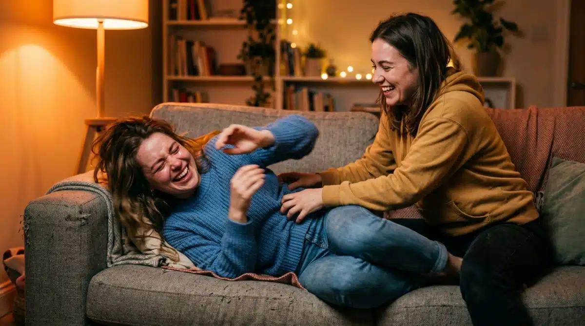 Deux amis riant pendant une séance de chatouilles