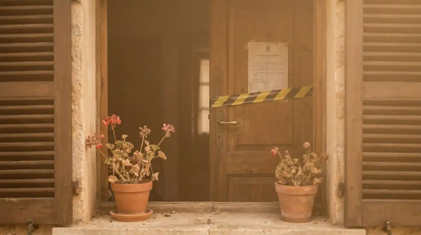 Porte scellée d'une maison modeste en pleine canicule