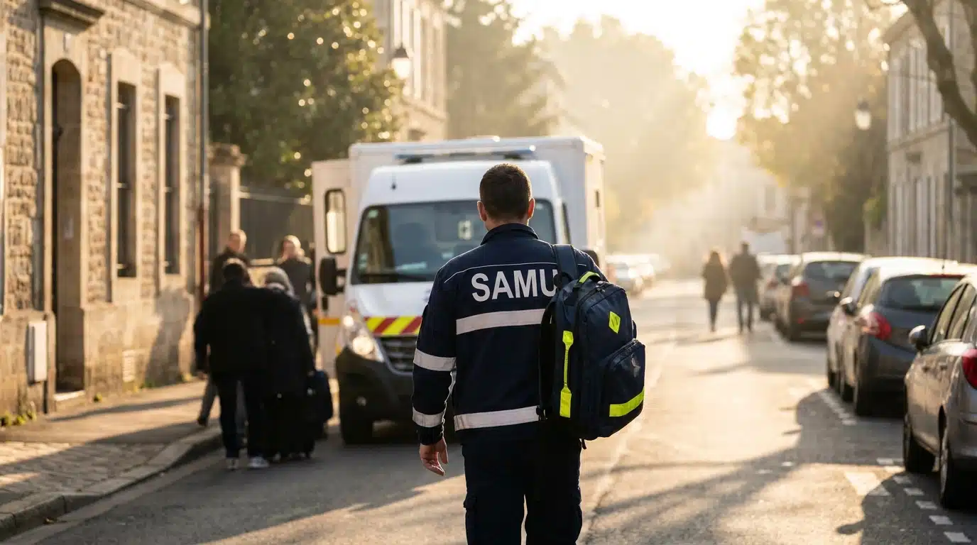 Secouriste marchant vers une ambulance dans une rue résidentielle