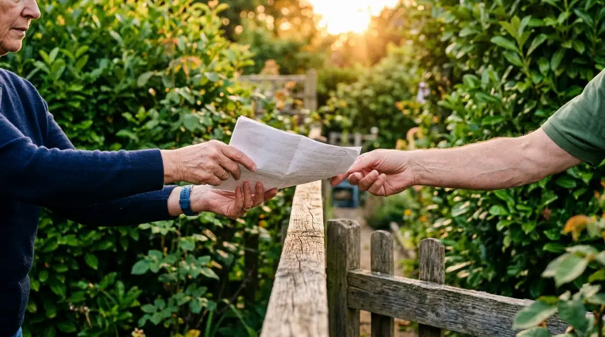 Deux voisins échangeant un document au-dessus d'une clôture mitoyenne