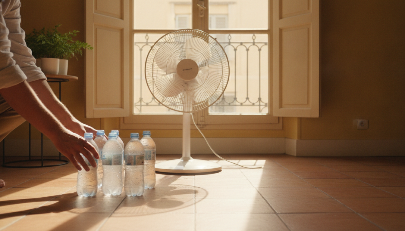 Bouteilles d'eau congelées devant un ventilateur pour rafraîchir