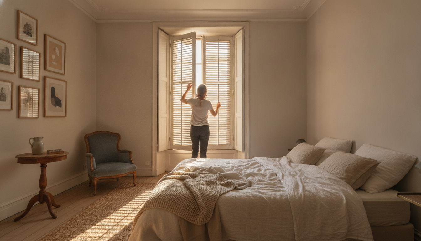 Personne fermant les volets d'une chambre ensoleillée avec draps en lin