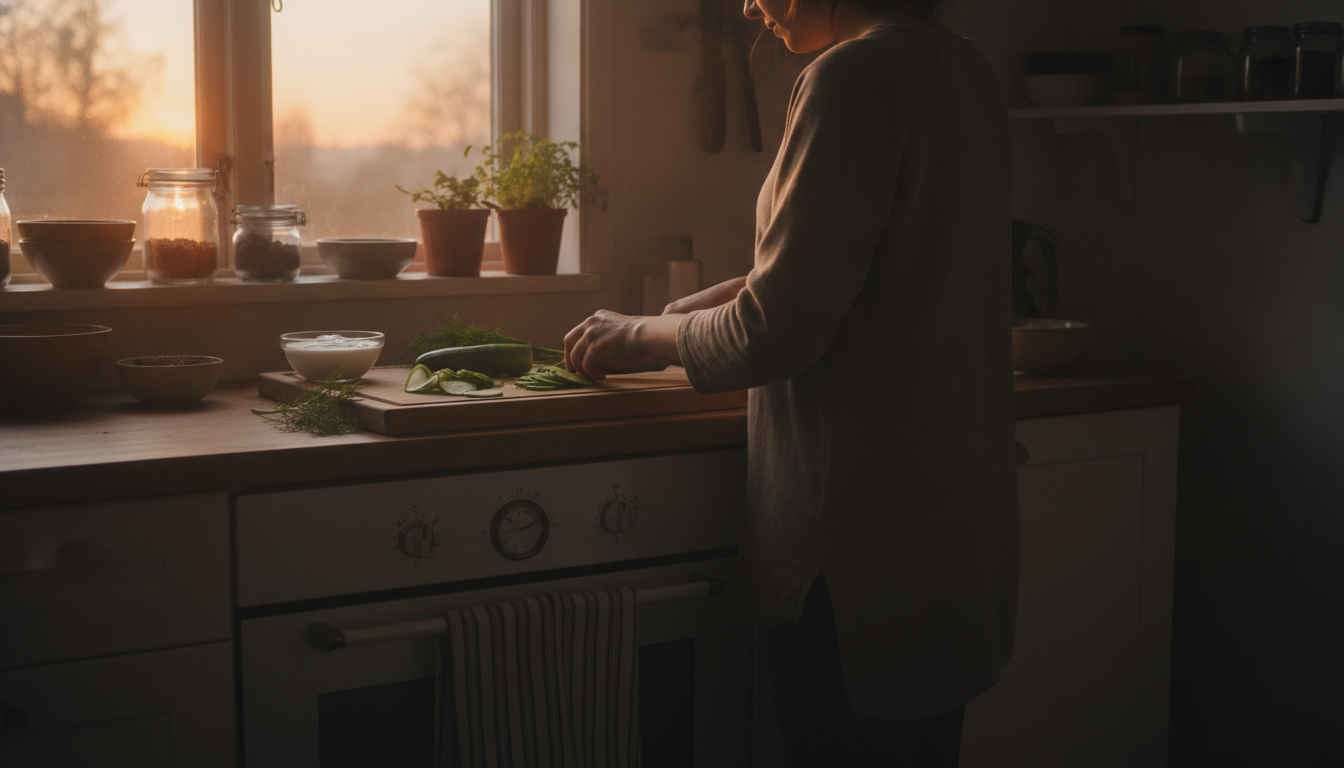 Préparation d'un repas froid dans une cuisine fermée pendant la canicule